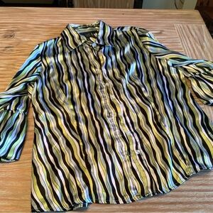 Ninety Women's Striped Button-Front Blouse in Green, Black & White